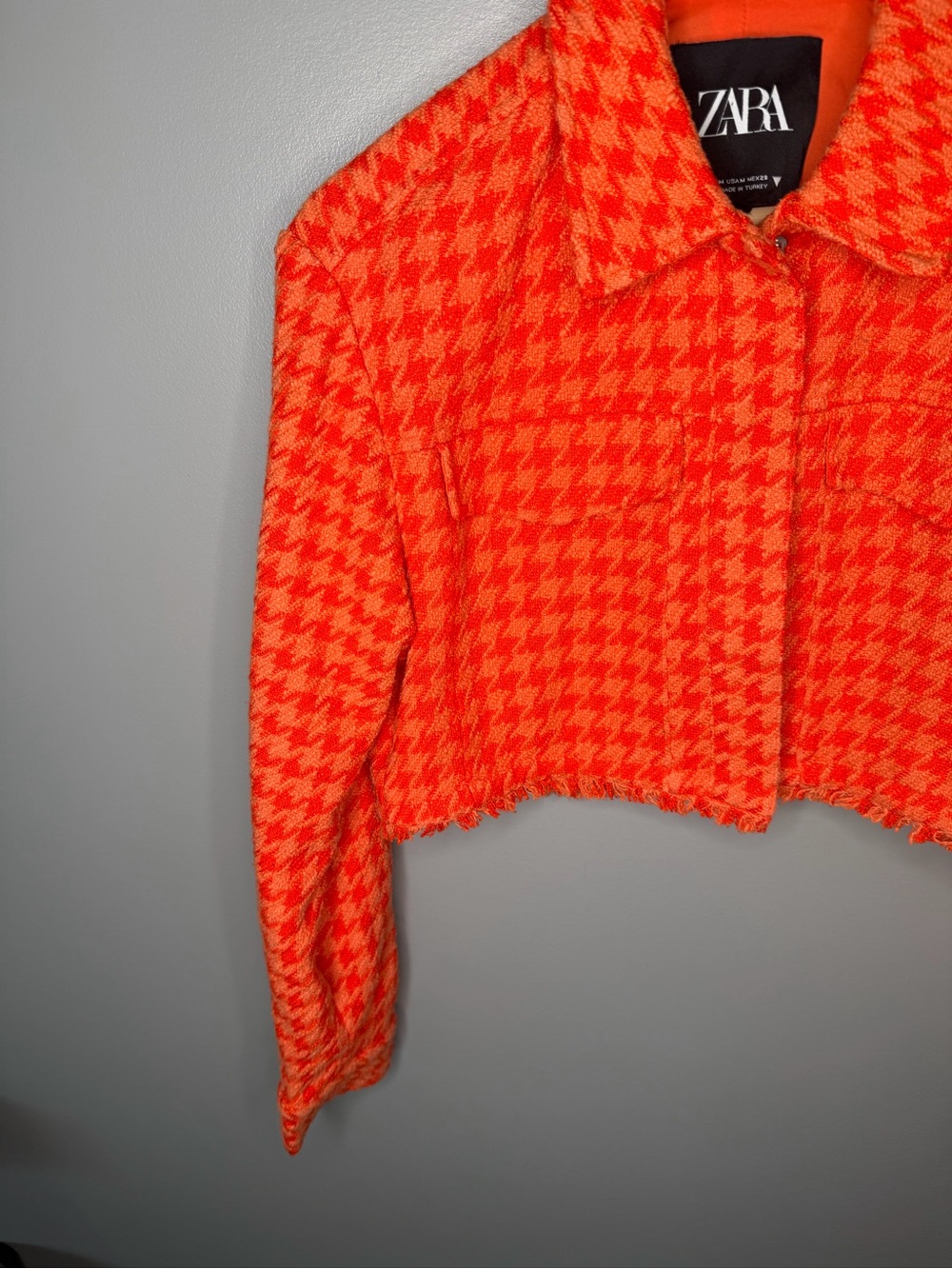 Zara Orange Tweed Cropped Houndstooth Jacket - Picture 5 of 9